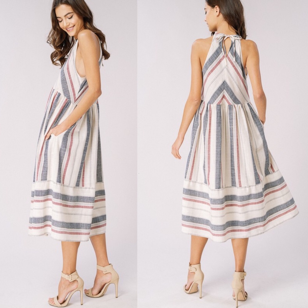 Boho Stripes sleeveless midi Dress Halter - Picture 3 of 3